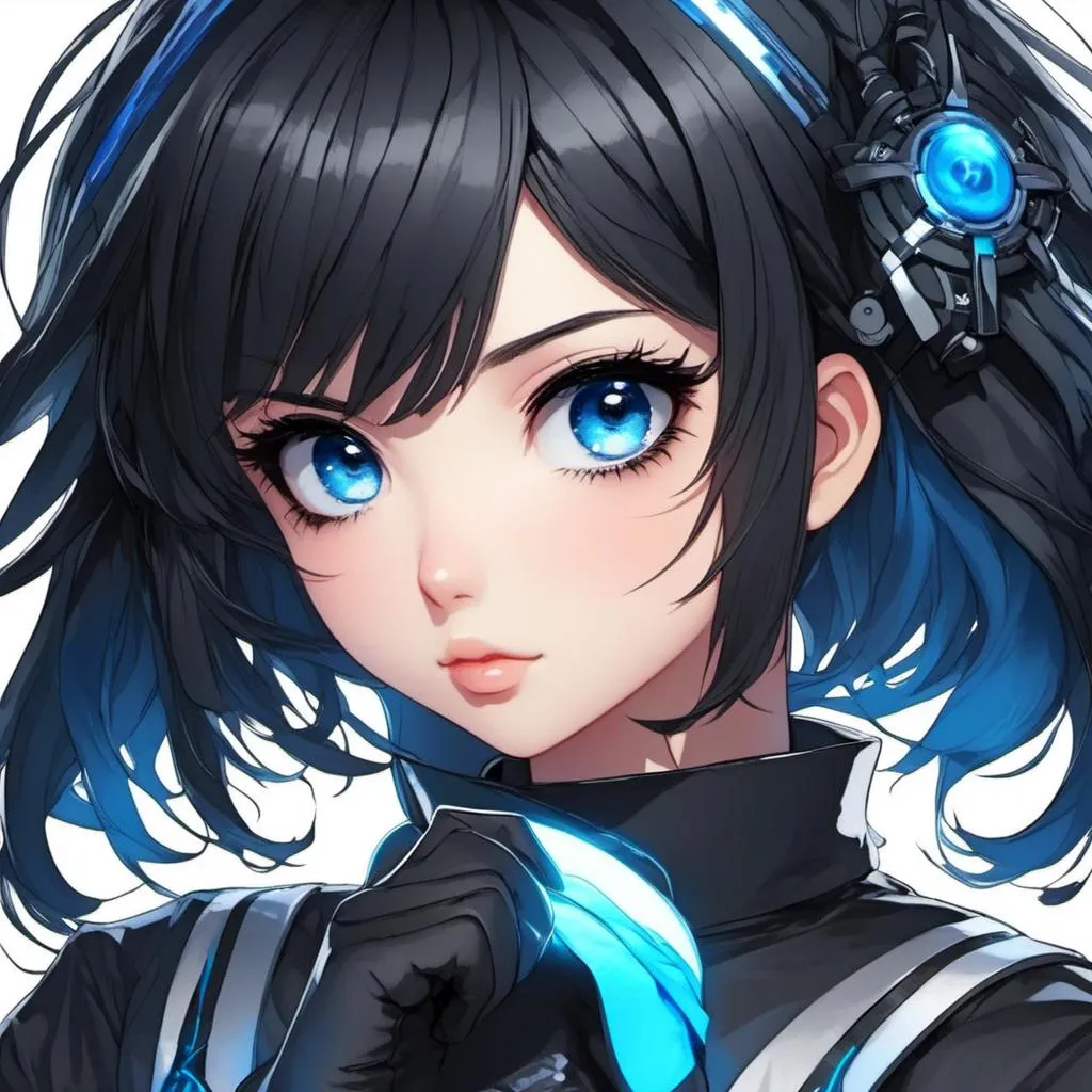 Prompt: <mymodel>High-res anime illustration of a girl with symbol-shaped pupils, black gloves, black hair, and clothing in shades of black and blue, with an absurd level of detail, ahoge hair, crossed bangs, blue eyes with a blush expression, collared shirt, hair ornament, focused gaze, best quality, ultra-detailed, anime, cute, detailed eyes, professional, atmospheric lighting, rainy day