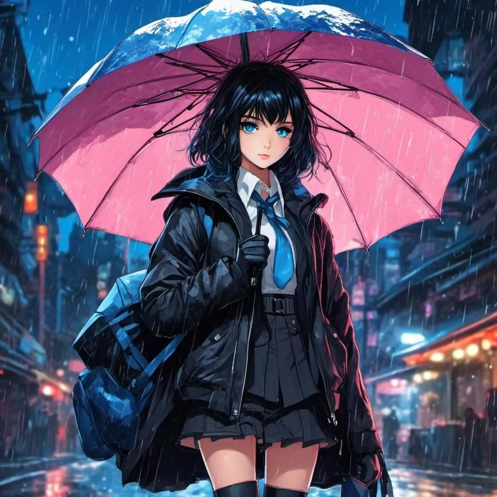 Prompt: <mymodel>High-res anime illustration of a girl with symbol-shaped pupils, black gloves, black hair, and clothing in shades of black and blue, holding a blue umbrella, with an absurd level of detail, ahoge hair, crossed bangs, blue eyes with a blush expression, collared shirt, hair ornament, focused gaze, best quality, ultra-detailed, anime, cute, detailed eyes, professional, atmospheric lighting, rainy day