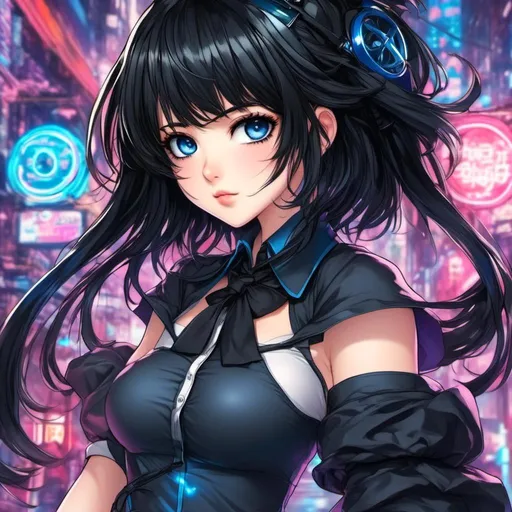 Prompt: <mymodel>High-res anime illustration of a girl with symbol-shaped pupils, black gloves, black hair, and clothing in shades of black and blue, with an absurd level of detail, ahoge hair, crossed bangs, blue eyes with a blush expression, collared shirt, hair ornament, focused gaze, best quality, ultra-detailed, anime, cute, detailed eyes, professional, atmospheric lighting, rainy day
