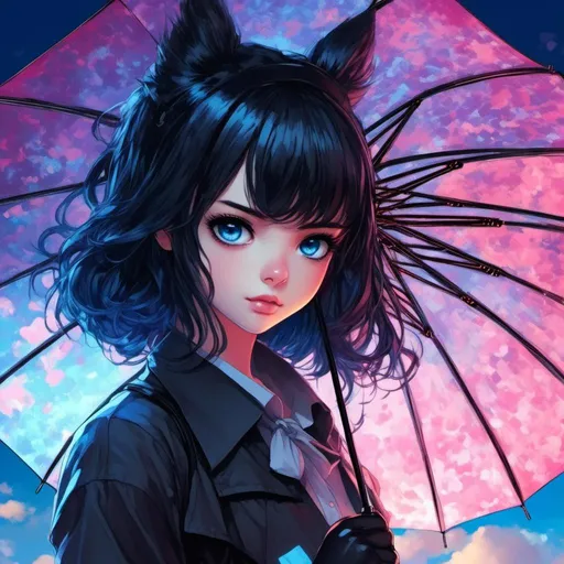 Prompt: <mymodel>High-res anime illustration of a girl with symbol-shaped pupils, black gloves, black hair, and clothing in shades of black and blue, holding a blue umbrella, with an absurd level of detail, ahoge hair, crossed bangs, blue eyes with a blush expression, collared shirt, hair ornament, focused gaze, best quality, ultra-detailed, anime, cute, detailed eyes, professional, atmospheric lighting, rainy day