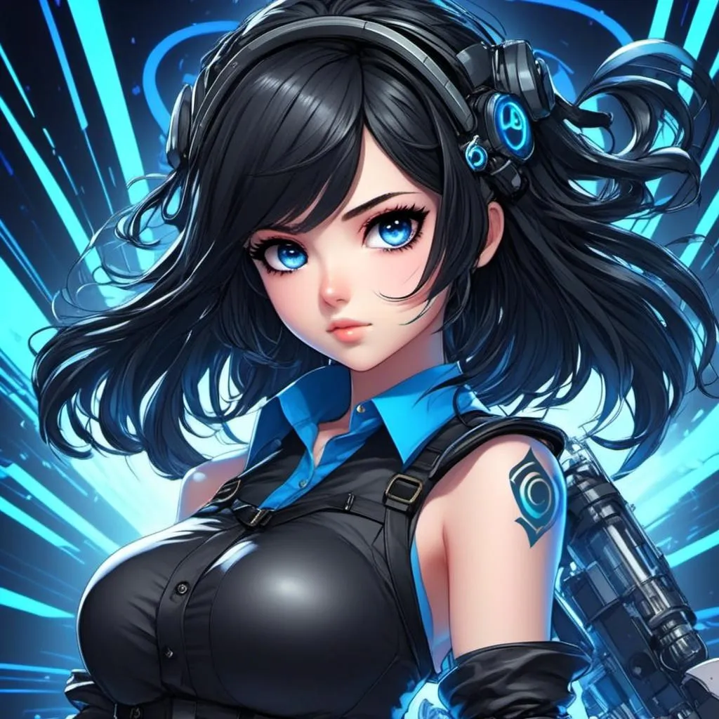 Prompt: <mymodel>High-res anime illustration of a girl with symbol-shaped pupils, black gloves, black hair, and clothing in shades of black and blue, with an absurd level of detail, ahoge hair, crossed bangs, blue eyes with a blush expression, collared shirt, hair ornament, focused gaze, best quality, ultra-detailed, anime, cute, detailed eyes, professional, atmospheric lighting, rainy day