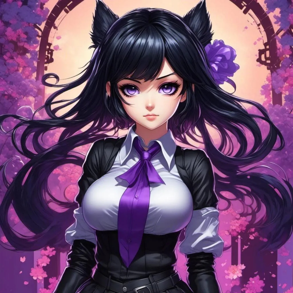 Prompt: <mymodel>High-res anime illustration of a girl with symbol-shaped pupils, black gloves, black hair, and clothing in shades of black and purple, with an absurd level of detail, ahoge hair, crossed bangs, blue eyes with a blush expression, collared shirt, hair ornament, focused gaze, best quality, ultra-detailed, anime, cute, detailed eyes, professional, atmospheric lighting, rainy day