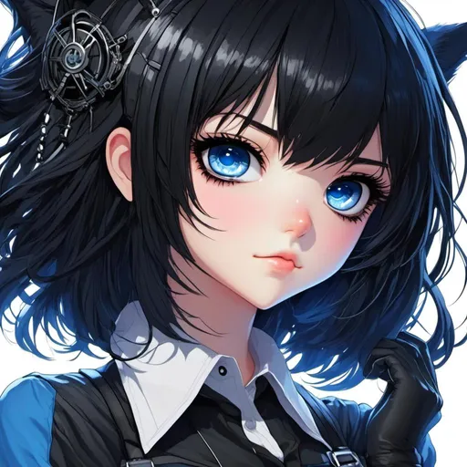 Prompt: <mymodel>High-res anime illustration of a girl with symbol-shaped pupils, black gloves, black hair, and clothing in shades of black and blue, with an absurd level of detail, ahoge hair, crossed bangs, blue eyes with a blush expression, collared shirt, hair ornament, focused gaze, best quality, ultra-detailed, anime, cute, detailed eyes, professional, atmospheric lighting, rainy day