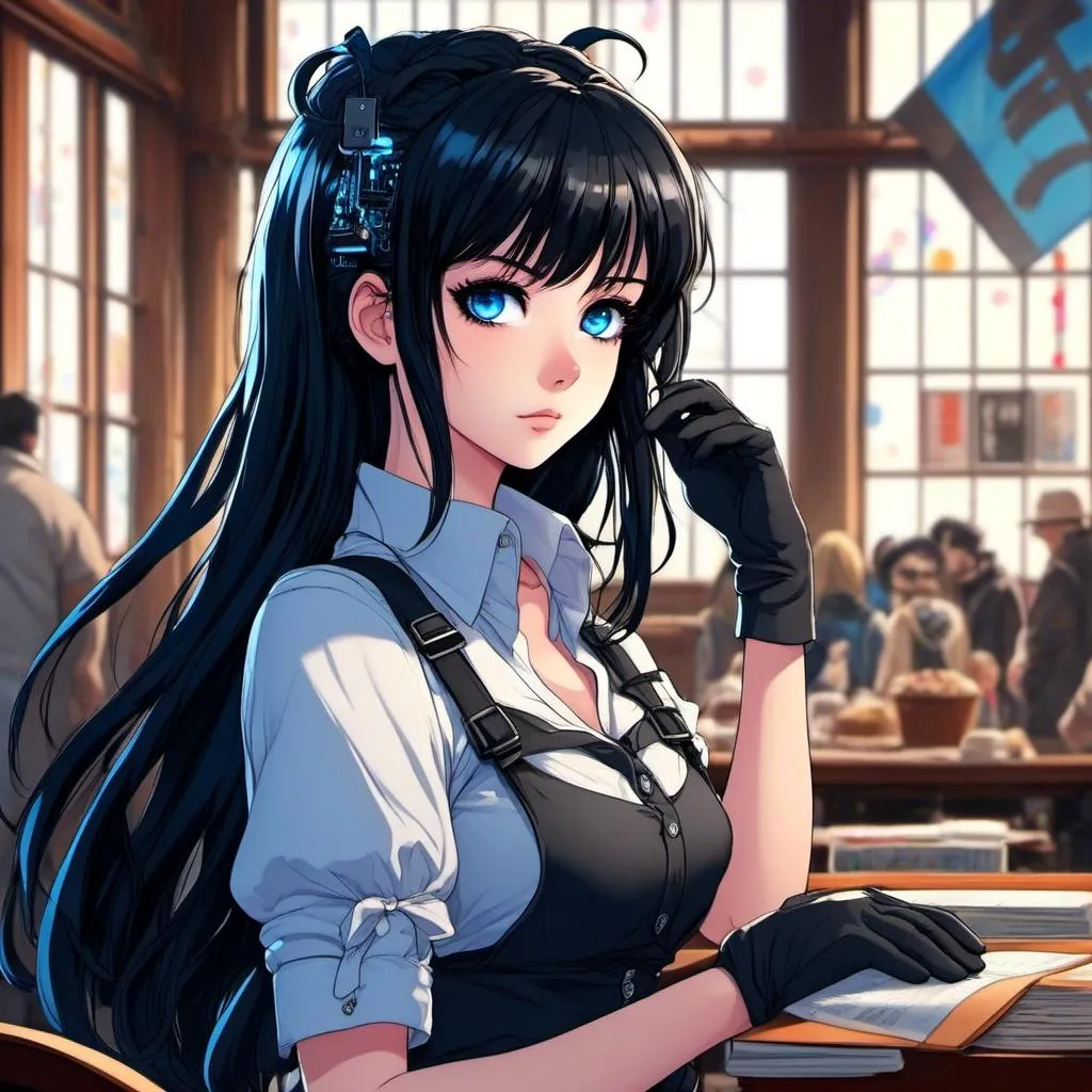 Prompt: <mymodel>High-res anime illustration of a girl with symbol-shaped pupils, black gloves, black hair, and clothing in shades of black and blue, with an absurd level of detail, ahoge hair, crossed bangs, blue eyes with a blush expression, collared shirt, hair ornament, focused gaze, best quality, ultra-detailed, anime, cute, detailed eyes, professional, atmospheric lighting, rainy day