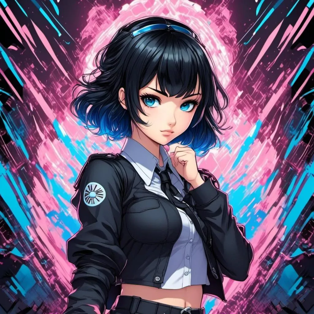 Prompt: <mymodel>High-res anime illustration of a girl with symbol-shaped pupils, black gloves, black hair, and clothing in shades of black and blue, with an absurd level of detail, ahoge hair, crossed bangs, blue eyes with a blush expression, collared shirt, hair ornament, focused gaze, best quality, ultra-detailed, anime, cute, detailed eyes, professional, atmospheric lighting, rainy day