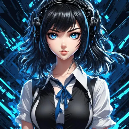 Prompt: <mymodel>High-res anime illustration of a girl with symbol-shaped pupils, black gloves, black hair, and clothing in shades of black and blue, with an absurd level of detail, ahoge hair, crossed bangs, blue eyes with a blush expression, collared shirt, hair ornament, focused gaze, best quality, ultra-detailed, anime, cute, detailed eyes, professional, atmospheric lighting, rainy day