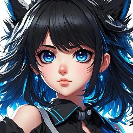 Prompt: <mymodel>High-res anime illustration of a girl with symbol-shaped pupils, black gloves, black hair, and clothing in shades of black and blue, with an absurd level of detail, ahoge hair, crossed bangs, blue eyes with a blush expression, collared shirt, hair ornament, focused gaze, best quality, ultra-detailed, anime, cute, detailed eyes, professional, atmospheric lighting, rainy day