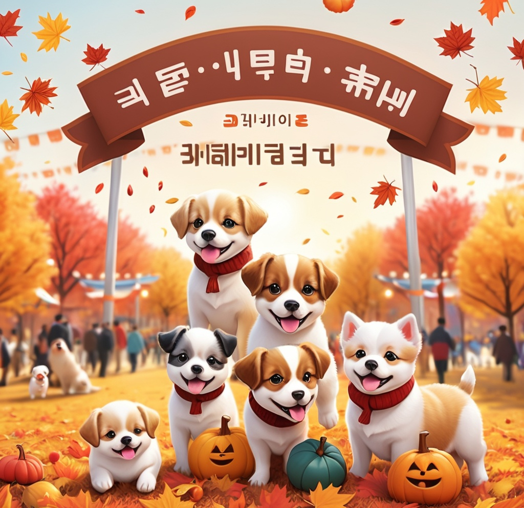 Prompt: 가을, 공원,  귀여운 강아지들과 함께 하는 축제 포스터.  fall festival. 들어가는 포스터