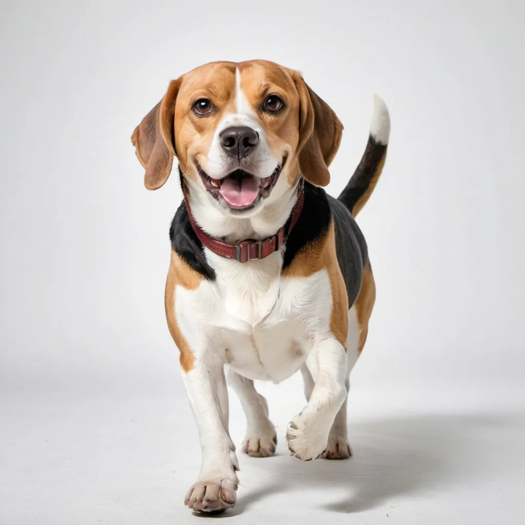 Prompt: A beagle fat happy  walks on a white screen.