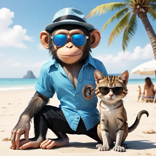 Prompt: Animated image of monkey wearing a hat and sunglasses and chilling on the beach with beautiful animated cat as his girlfriend while wearing blue colored open shirt and black colored pants