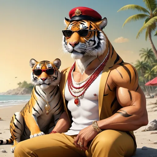 Prompt: Animated tiger chilling on the beach with wearing black sunglasses, red hat, whisky on right hand, cigarette on left hand, gold chain on neck with no cloths on his body and on his lap animated lioness is seating in romantic mood wearing pearls on neck and scratching his chick with her hand. and on background very angry tigress.