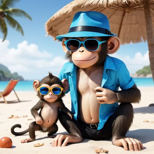 Prompt: Animated image of monkey wearing a hat and sunglasses and chilling on the beach with beautiful animated cat as his girlfriend while wearing blue colored open shirt and black colored pants