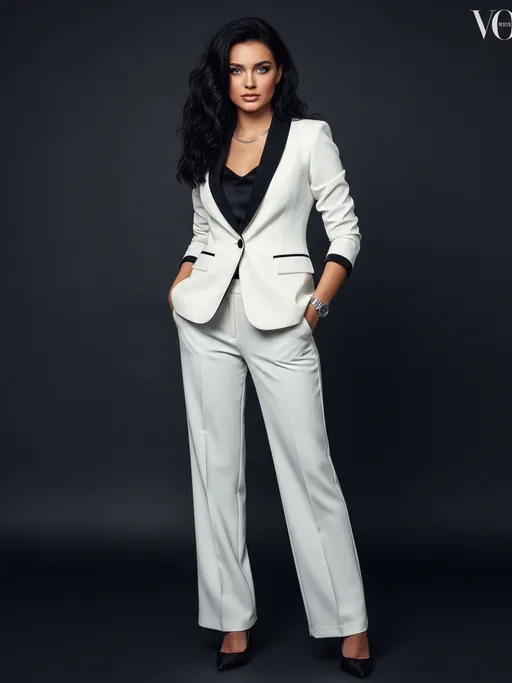 Prompt: A portrait of a 19-year-old woman standing confidently against a dark-toned grey background. She is the daughter of an Italian man and a Russian woman, with balanced Mediterranean and Slavic features. She has wavy black hair, fair skin with a warm undertone, and striking, blue eyes. She is wearing an elegant white and black women’s suit with a fitted blazer and matching tailored trousers, paired with black high heels. The outfit looks modern, stylish, and sophisticated. Lighting is soft and professional, emphasizing her straight pose and confidence. The image must have the style of a professional vogue shoot