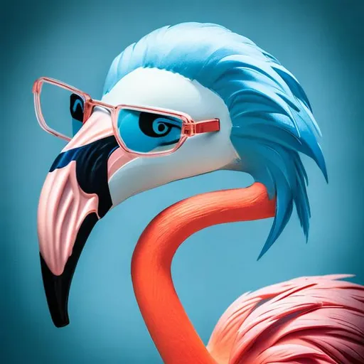 Prompt: a blue flamingo with glasses and a combover