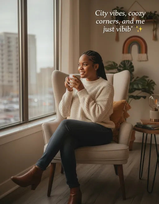 Prompt:  AI still of Cherelle H. sipping coffee by the window, slim thick body frame, cozy urban-chic outfit, natural makeup,  soft natural lighting, muted boho rainbow accents in background. Caption overlay: ‘City vibes, cozy corners, and me just vibin’ ✨’ Relaxed, warm, approachable expression. Make the still a bit different from real picture 