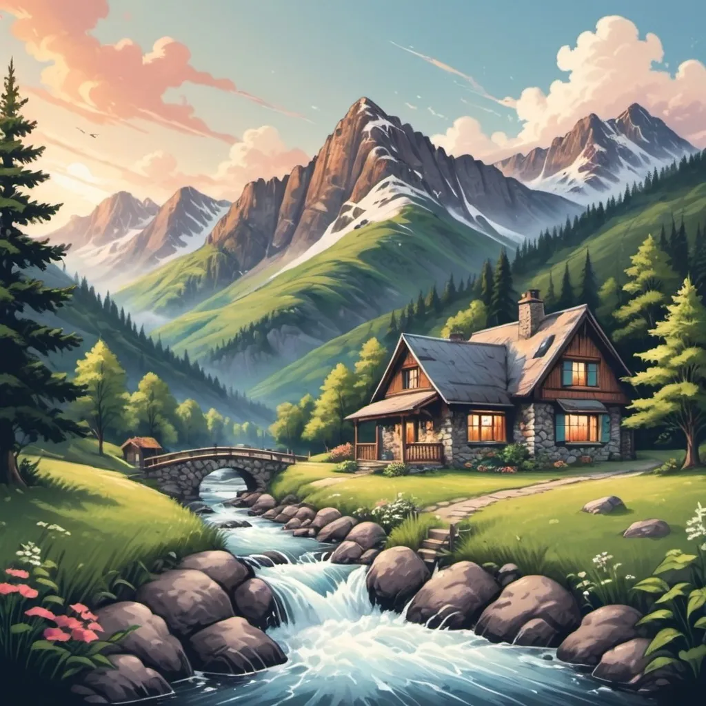 Prompt: A cottage in the mountains. The mountains can be seen in the background. The mountains should have snow on their peaks. The sky should be an sunset sky. The cottage is surrounded by trees. A small river should be in front of the house with a bridge over it.