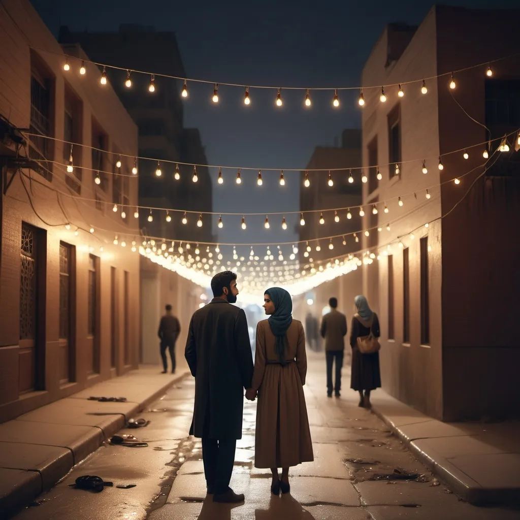 Prompt: a man and woman standing on a sidewalk in a city at night time with lights strung up on the buildings, Amir Zand, neoplasticism, orientalism, a picture