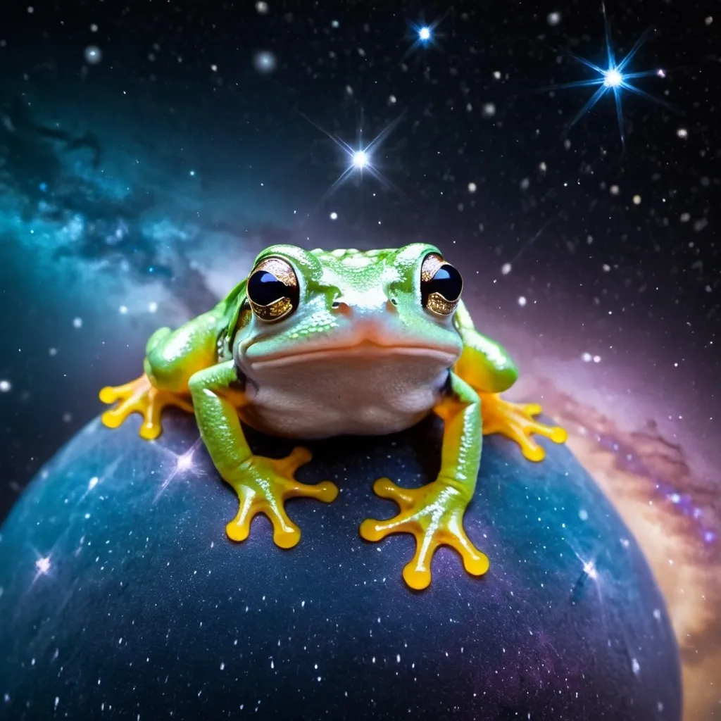 Prompt: A rain frog floating in the galaxy, surrounded by the stars