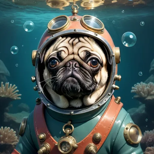 Prompt: (pug in vintage diving suit), (brave pose), whimsical charm, deep sea exploration theme, retro aesthetic, soft warm tones, delightfully detailed suit, subtle reflections on glass helmet, imaginative underwater atmosphere, gentle bubbles rising, enchanting and nostalgic mood, high quality, ultra-detailed, cartoonish flair, inviting and fun background.