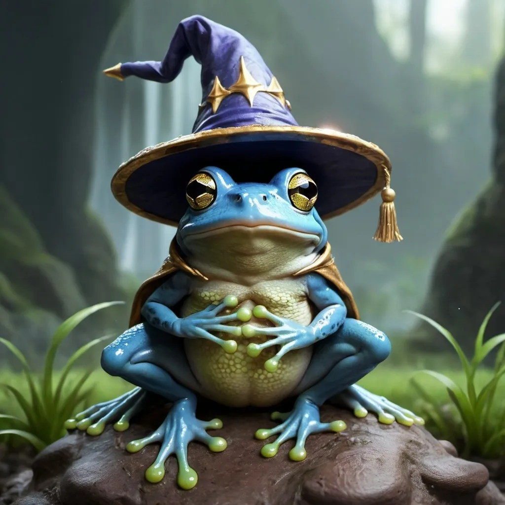 Prompt: A powerful wizard frog protecting his kingdom