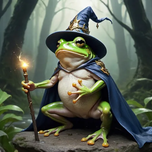 Prompt: A powerful wizard frog protecting his kingdom