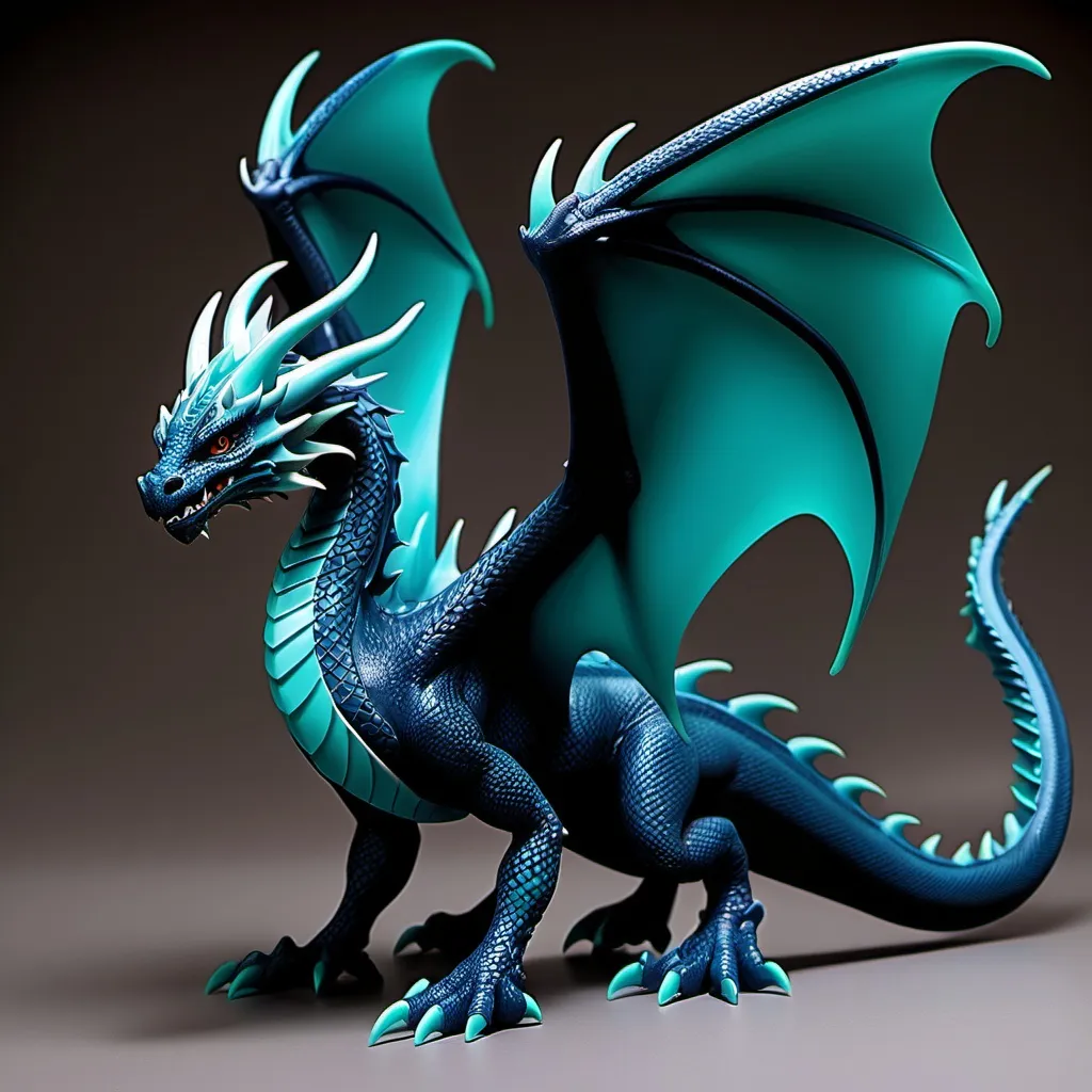 Prompt: **dragon form** 
size: 35m (115ft) long and have a wingspan of 42m (138ft)
scale color: navy blue that goes into teal at the tip of wings, legs, and tail
horn color: black