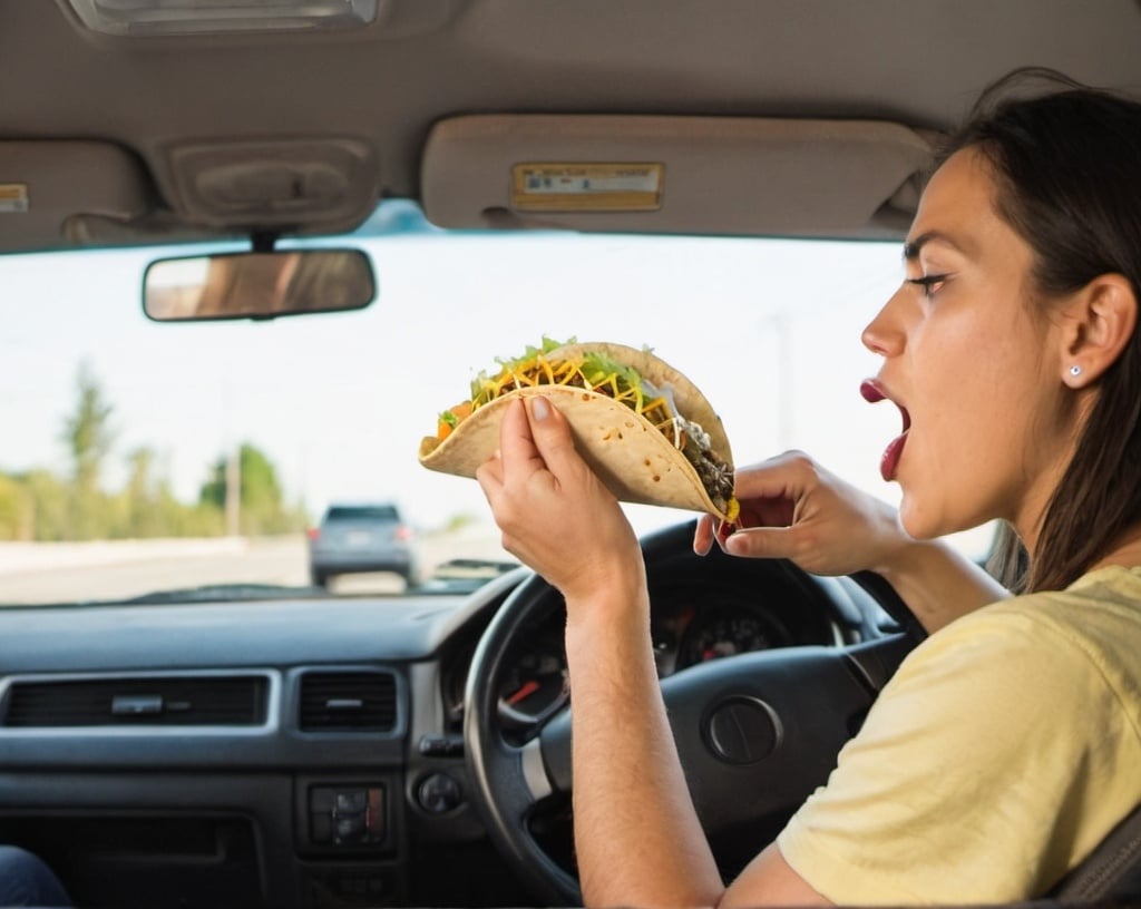 Prompt: A person eating a taco while driving a car.