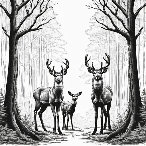 Prompt: two deer standing inside the forest outline drawing