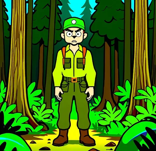 Prompt: i need a cartoon 
hunter standing in the forest