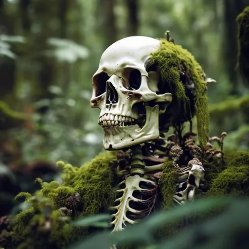 Prompt: human skeleton overgrown with plants and moss on it
