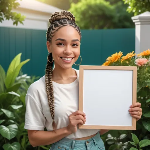 Prompt: (light skin woman with braids, smiling, holding a blank white letter board), (neutral comfortable clothing), cozy outdoor garden background, (minimal teal accent colors), (natural sunlight illuminating), inviting atmosphere, lush greenery, vibrant flowers, (warm and cheerful ambiance), ultra-detailed, HD, 4K, photorealistic, vivid and crisp details.