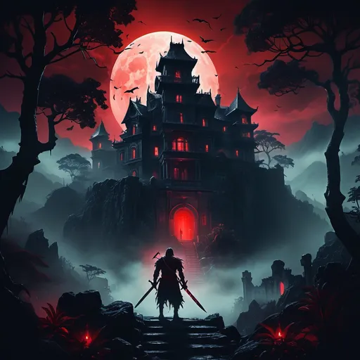 Prompt: A dark fantasy scene at midnight under a dim full moon, partially obscured by mist. A sinister mansion stands atop a rugged mountain, its windows glowing with blood-red light. In the foreground, a lone warrior with glowing crimson eyes and a sword emerges from a shadowy jungle. The dense trees are dotted with eerie, blood-colored lights, casting ominous shadows on the ground. The atmosphere is haunting and mysterious, with thick mist swirling around the jungle and the mountain, amplifying the dark and foreboding mood.