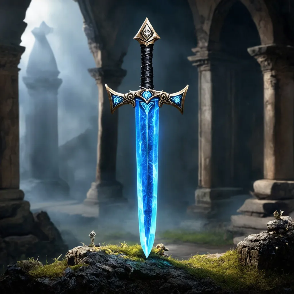 Prompt: (mystical sword), fantasy setting, intricate blade design, glowing runes on the hilt, surrounded by ethereal mist, dramatic lighting highlighting the sword's sharpness, soft shadows creating depth, backdrop of ancient ruins, magical aura, high detail, ultra-detailed, cinematic atmosphere, adventure theme, captivating charm.