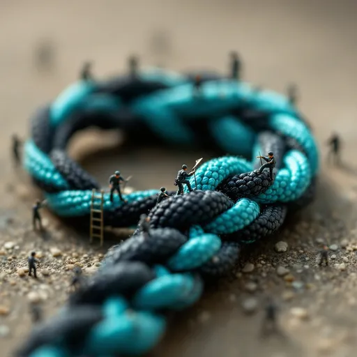 Prompt: A cinematic ultra-detailed macro close-up of a rugged, stylish paracord keychain — black and cyan braided ropes with intricate textures. Surrounding the paracord are tiny miniature workers, each no larger than a grain of rice, working diligently to construct the keychain. Some workers are sewing needles, others are carrying threads or climbing the cord like scaffolding. The entire scene is magical and whimsical, captured with shallow depth of field to highlight the texture of the cord. The background is smooth and neutral-toned with soft shadows, adding a dreamlike atmosphere. Beautiful color grading and lighting enhance the realism and wonder of the scene.
