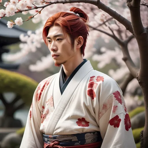 Prompt: Japanese man with (vibrant red hair), (pale white skin), (slim physique), standing confidently, thoughtful expression, traditional clothing adorned with intricate patterns, surrounded by a serene garden landscape, cherry blossoms in bloom, soft natural lighting, tranquil atmosphere, embracing cultural aesthetics, (ultra-detailed), (HD).