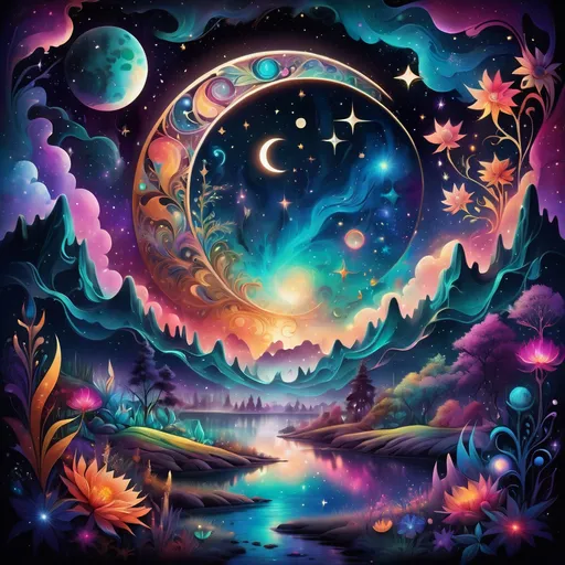 Prompt: psychedelic artwork, (vibrant colors), beautiful nature-inspired design, celestial elements, intricate patterns of stars and moons, dreamlike atmosphere, (cool tones), captivating visuals, harmonious blend of flora and cosmic themes, surrealistic elements, enchanting background, (high quality), visually mesmerizing, appealing to users, reminiscent of enchanting landscapes and ethereal night skies.