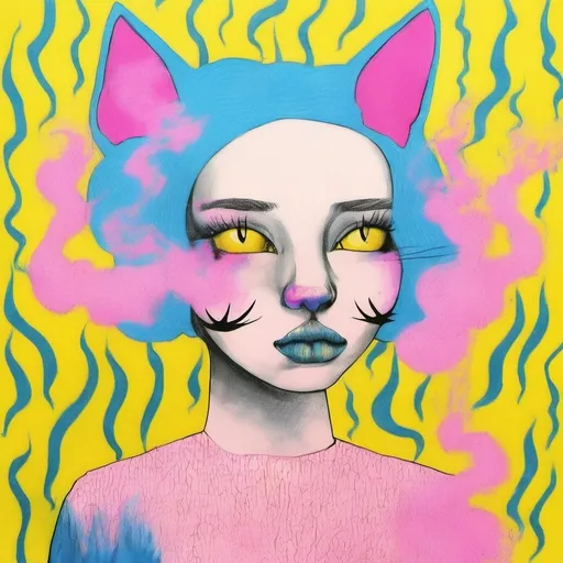 Prompt: Pop art, a cat with blue hair, pink smoke coming out of her head, a yellow background