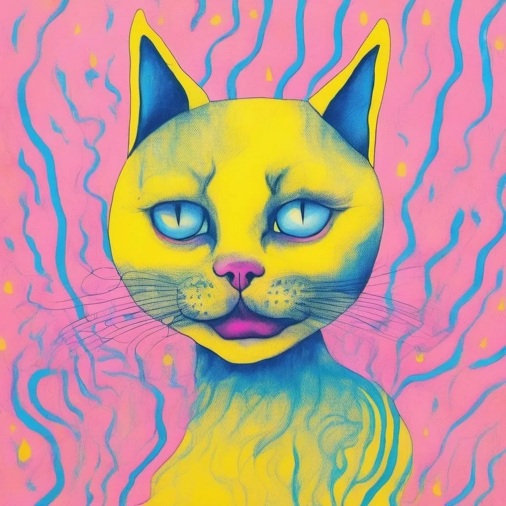 Prompt: Pop art, a cat with blue hair, pink smoke coming out of head, a yellow background