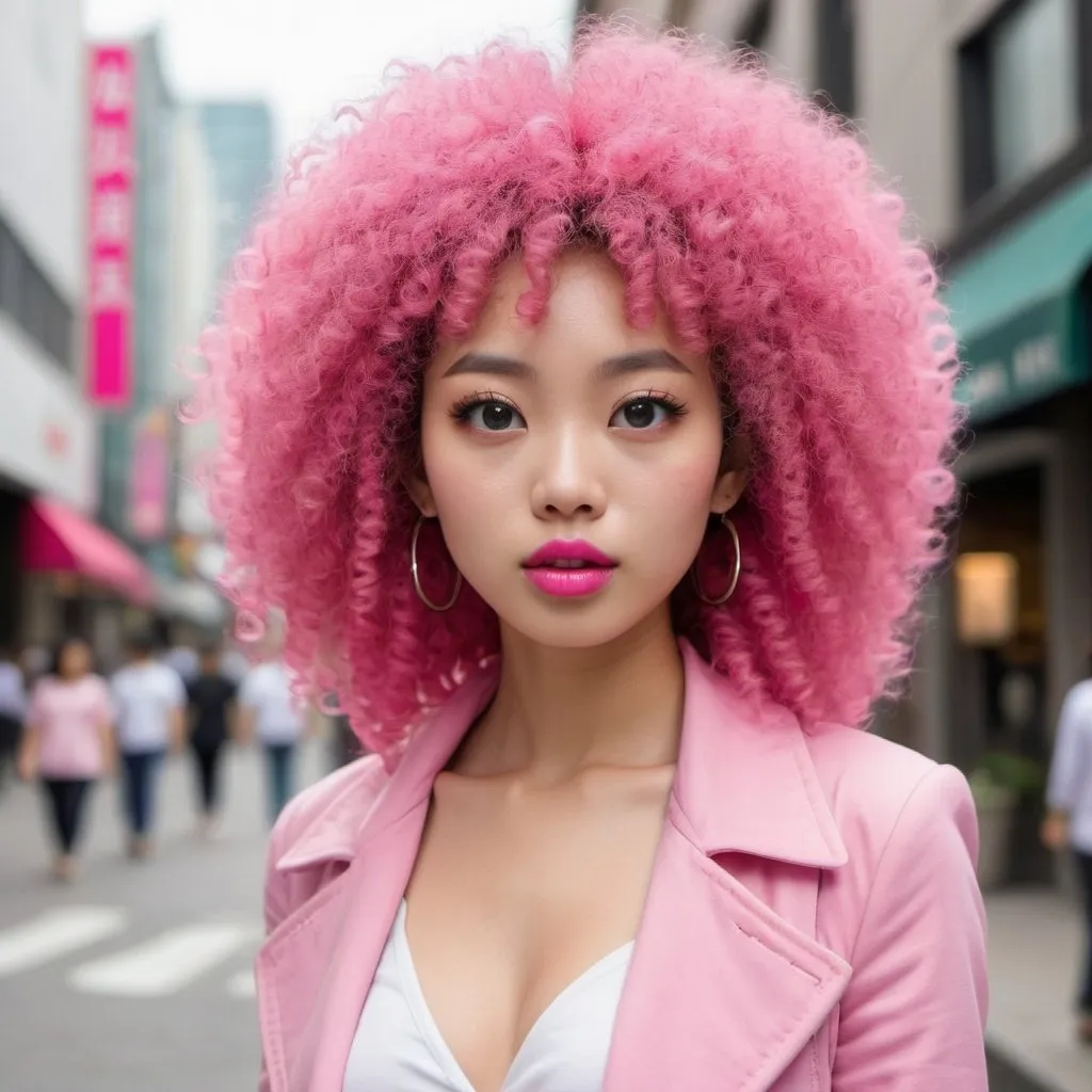 Prompt: asian   model very curly well endowed ll very large pink afro full lips big eyes white eye make uo pink lip stick walking down town