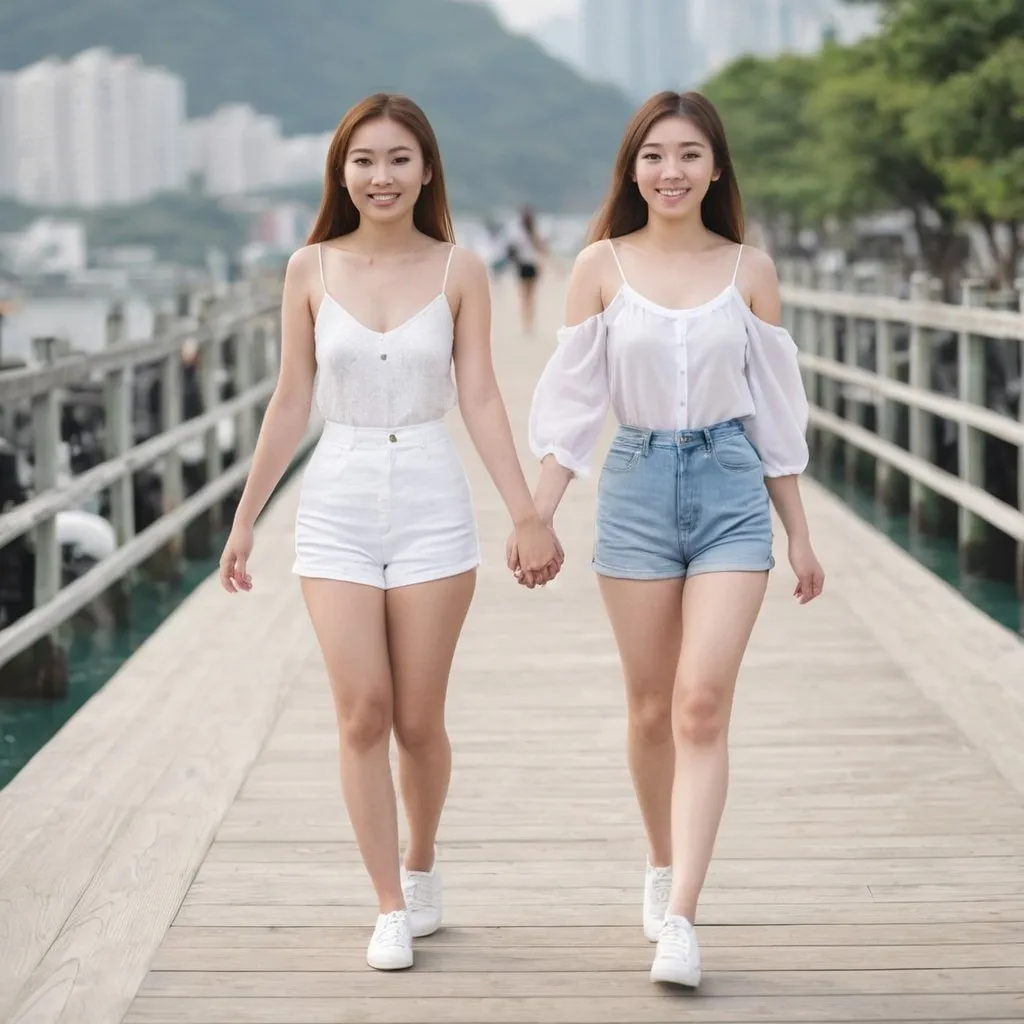 Prompt: two girls one white one asian very well endowed smiling holding hands walking  on board walk 