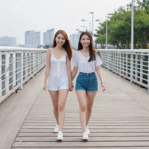 Prompt: two girls one white one asian very well endowed smiling holding hands walking  on board walk 