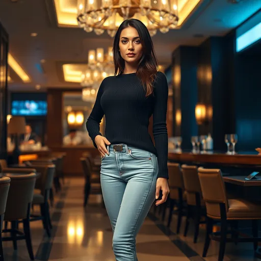 Prompt: photorealistic, (full-body portrait), confident pose, (1 slim brunette woman), wearing (dark, thin, fine-knit sweater), (pale blue jeans), (stiletto pumps), luxury hotel bar background, elegant ambiance, low warm lighting, sleek decor, sophisticated atmosphere, high detail, vignetting effect, nighttime setting, alluring yet classy vibe, showcasing facial expression and stylish outfit.