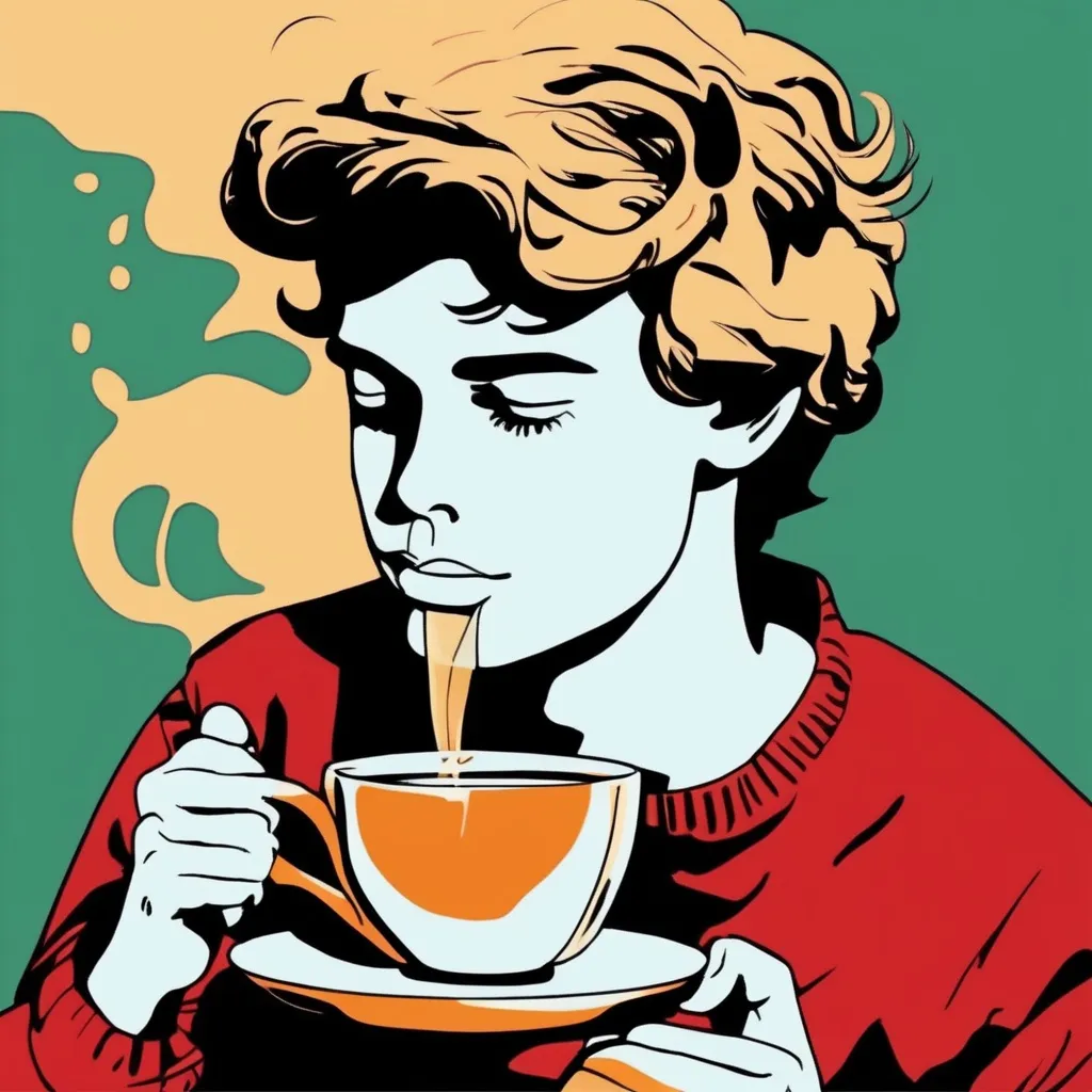 Prompt: A boy laying relaxed in a cup of coffee that is spilling. The cup is in a kettle. Pop art illustration 