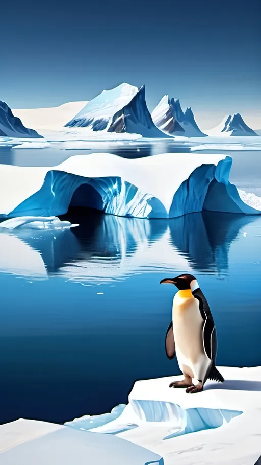 Prompt: Realistic landscape of Antarctica, vast glaciers and sea, distant views, adorable penguins, high quality, realistic, icy blues and whites, natural lighting