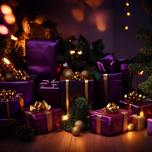 Prompt: Close up of dark purple gift wrapped boxes under christmas tree. Fog along the floor and candle light flickering. Aspect ratio of 3:4 vertical portrait
