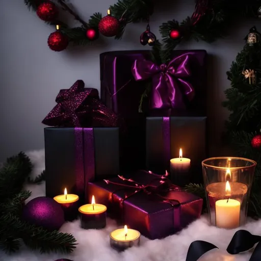 Prompt: Dark morbid gothic christmas. Close up of dark purple gift wrapped boxes with black ribbon under christmas tree. Fog along the floor and candle light flickering. Stack gifts neatly and balanced. black candles. Perspective of gifts from side and close to floor level. Aspect ratio of 3:4 vertical portrait
