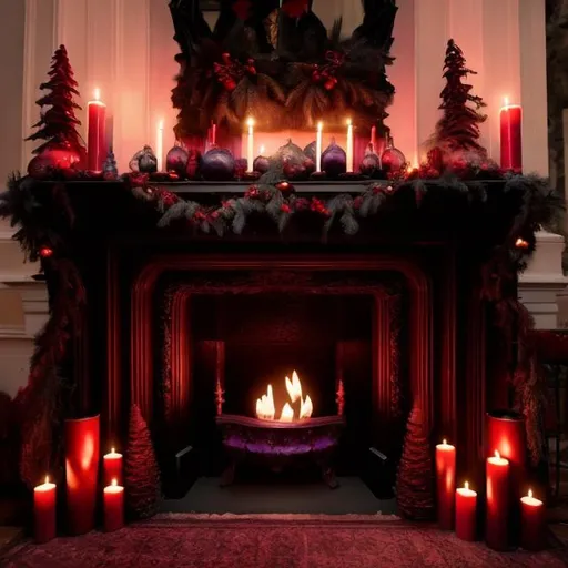 Prompt: dark gothic realistic fireplace with deep purples hues and deep red christmas garland and dripping candles. 