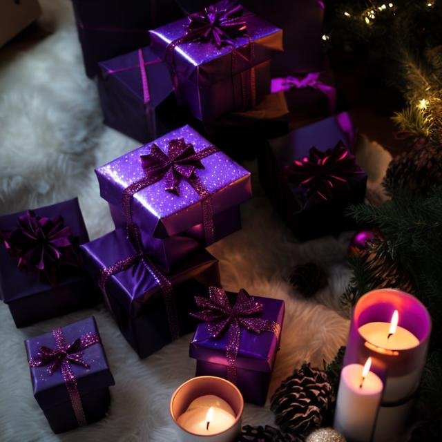 Prompt: Close up of dark purple gift wrapped boxes under christmas tree. Fog along the floor and candle light flickering. Stack gifts neatly and balanced. black candles. Perspective of gifts from side and close to floor level. Aspect ratio of 3:4 vertical portrait
