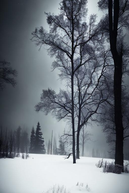 Prompt: Dark gothic moody holiday decor. Deep hues of purple. Snowy and foggy, with moody eerie haunting lonely woods in the background; Wolf in the distant shadows.