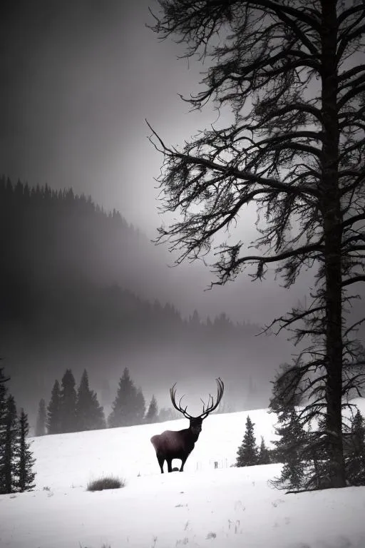 Prompt: High resolution 4:6 ration realistic image, Dark gothic moody holiday decor, Deep hues of purple, Snowy and foggy, with moody eerie haunting lonely woods in the background; Elk in the distant shadows.